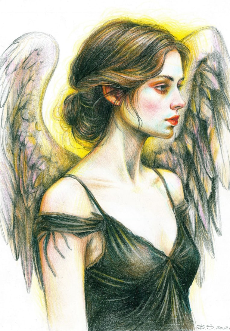 Svetlana Bedna (Ukraine,b 1982) colored pencil painting: ARTIST: Svetlana Bedna (Ukrainian, born 1982) TITLE: Portrait of Angel Woman MEDIUM: colored pencil on paper CONDITION: Very good. ART SIZE: 12 x 8 inche