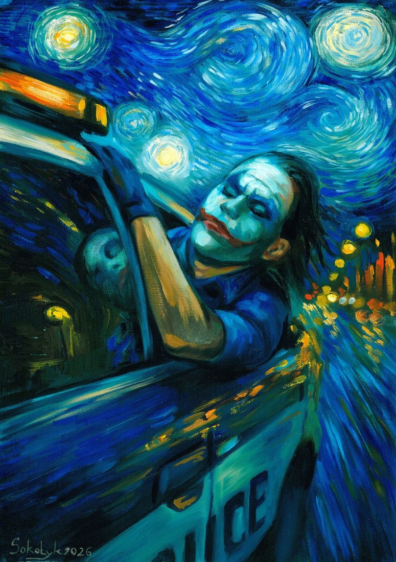 Vira Sokolyk (Ukraine,b 1999) oil painting: ARTIST: Vira Sokolyk (Ukraine, born 1999) TITLE: Joker in Police Car MEDIUM: oil on heavy paper CONDITION: Very good. No visible inpaint under UV light. ART SIZE:
