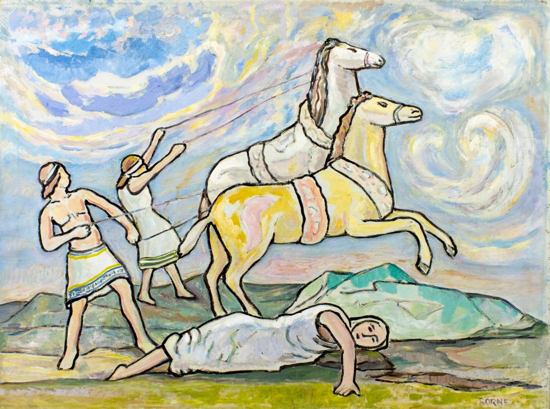 Mortimer Borne (NY,Poland,1902-1987) oil painting: ARTIST: Mortimer Borne (New York, Polish, 1902 - 1987) TITLE: Hipolytus (titled on stretcher) MEDIUM: oil on canvas CONDITION: Few minor paint losses. Some small brown spots