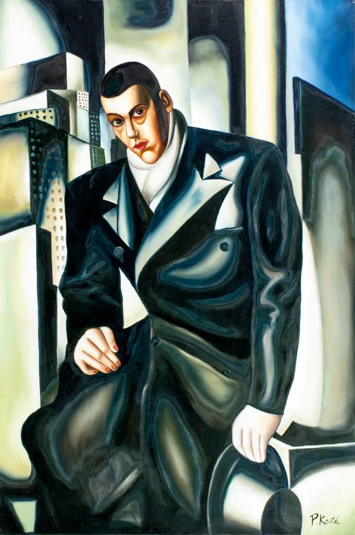 P Keith (20C) oil painting: ARTIST: P Keith (20 century) AFTER Tamara De Lempicka TITLE: Portrait of Tadeusz Lempicki MEDIUM: oil on canvas CONDITION: Minor scratches/paint losses. Some craquelure. No