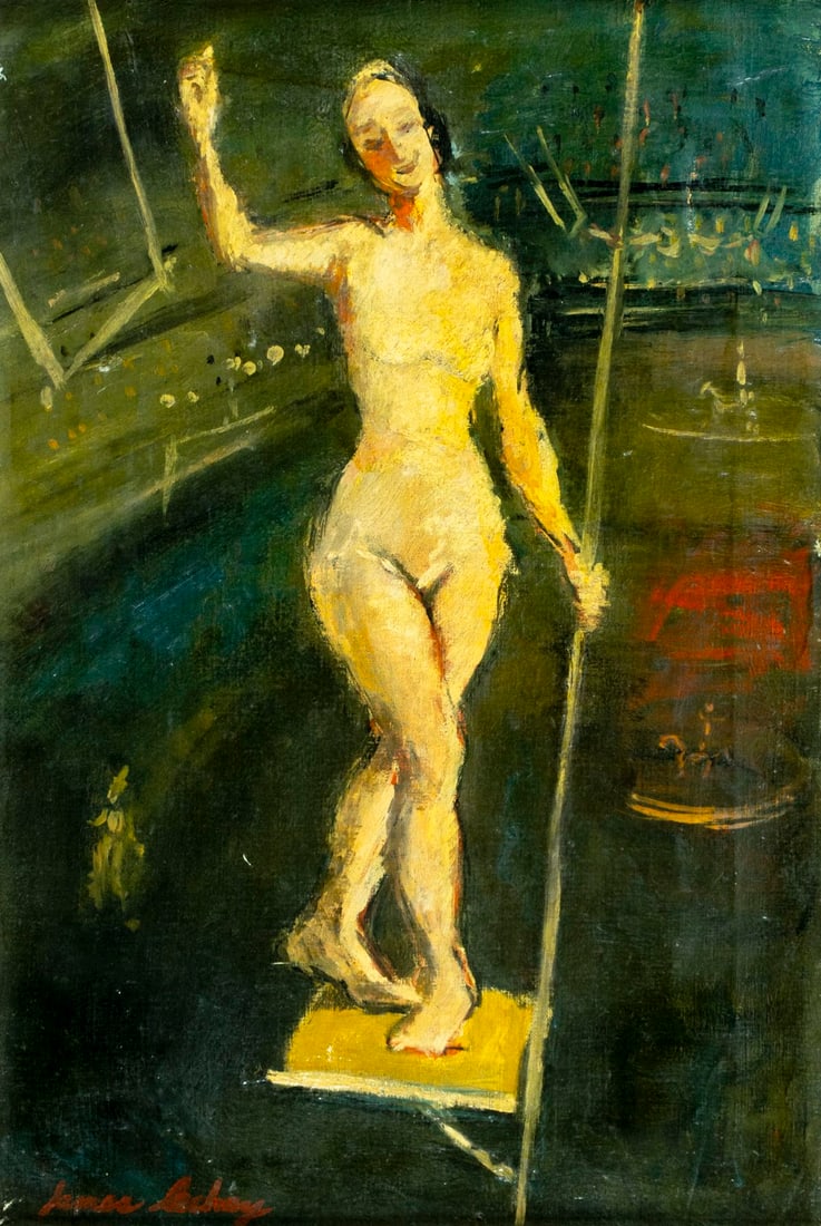 James Lechay (MA,IA,1907-2001) oil painting: ARTIST: James Lechay (Massachusetts, Iowa, 1907 - 2001) TITLE: Circus Scene MEDIUM: oil on canvas CONDITION: Two patches. Some paint losses. Minor craquelure. No visible inp