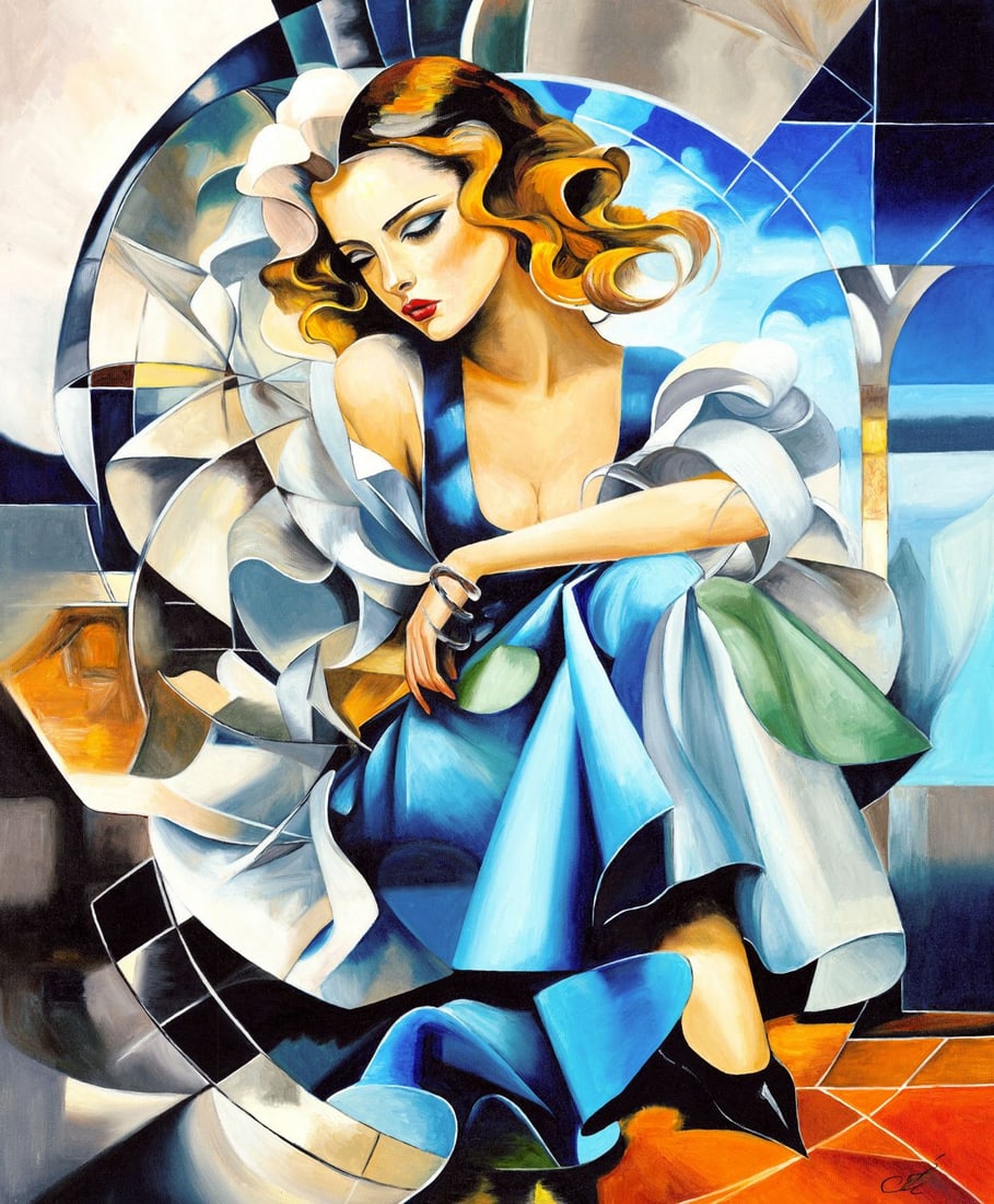 Inna Melnichuk (Ukraine,b 1978) oil painting: ARTIST: Inna Melnichuk (Ukraine, born 1978) TITLE: Woman in Blue MEDIUM: oil on canvas CONDITION: Unstretched (In-House stretching available). Very good. No visible inpaint
