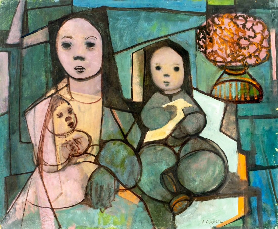 A Green (US,mid 20C) oil painting: ARTIST: A Green (American, mid 20 century) TITLE: Mother and Children MEDIUM: oil on board CONDITION: Some damages to corners. Some paint losses mostly along the right edge