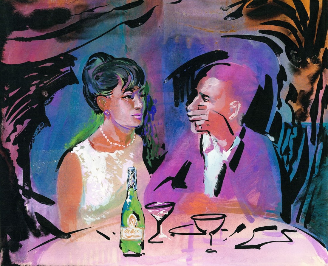 George Seton Coggeshall (IL,1914-1994) gouache painting: ARTIST: George Seton Coggeshall (Illinois, 1914 - 1994) TITLE: Couple at Table YEAR: 1966 MEDIUM: gouache on board CONDITION: Few minor scratches/paint