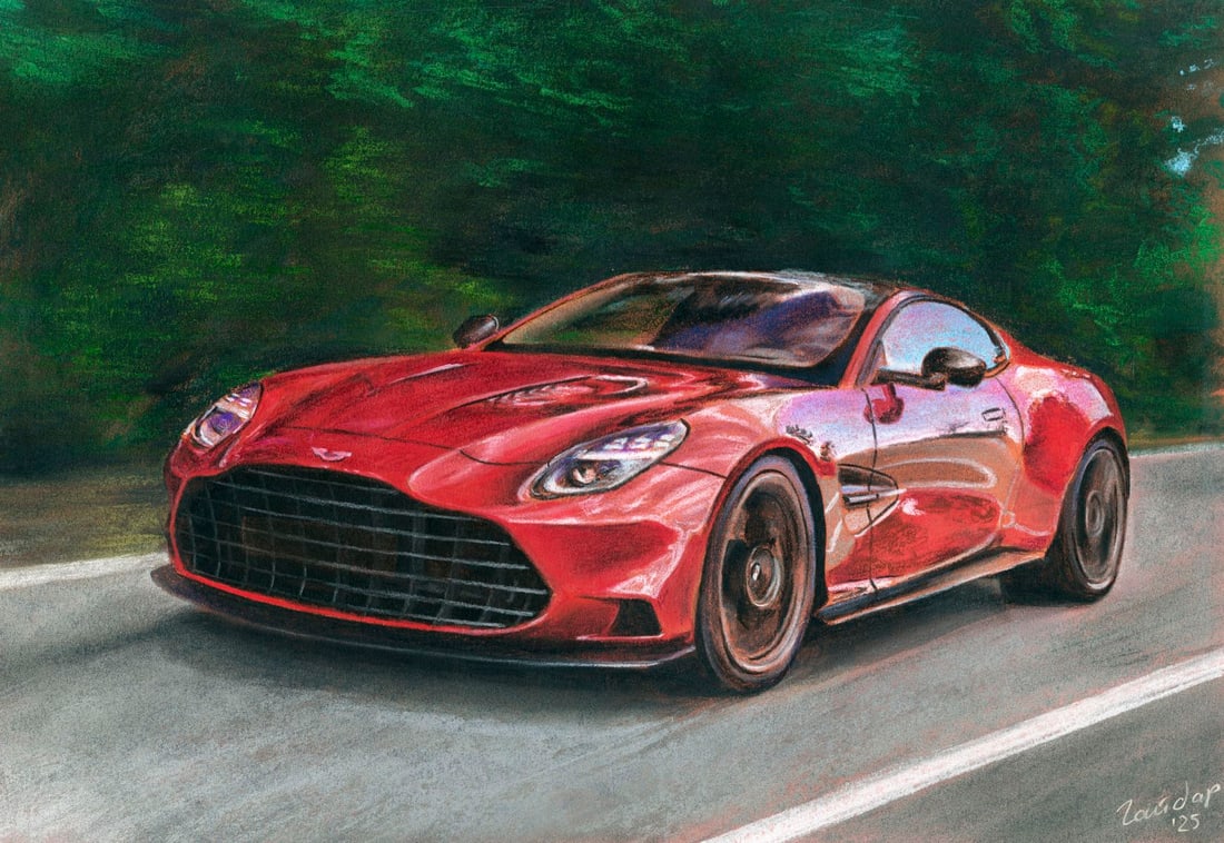 Sergey Gaydar (Ukraine,b 1970) pastel painting: ARTIST: Sergey Gaydar (Ukrainian, born 1970) TITLE: Aston Martin Vanquish Car MEDIUM: pastel on paper CONDITION: Very good. ART SIZE: 17 x 12 inches / %H