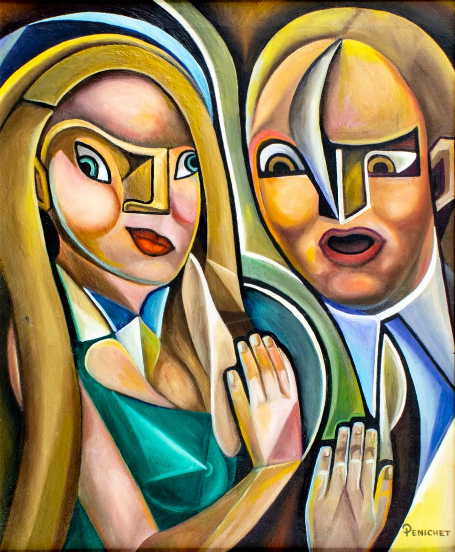 Penichet (Latin America,20C) oil painting: ARTIST: Penichet (Latin American, 20 century) TITLE: Los Amantes (titled on verso) YEAR: 1980 MEDIUM: oil on canvas CONDITION: Few small scratches/paint