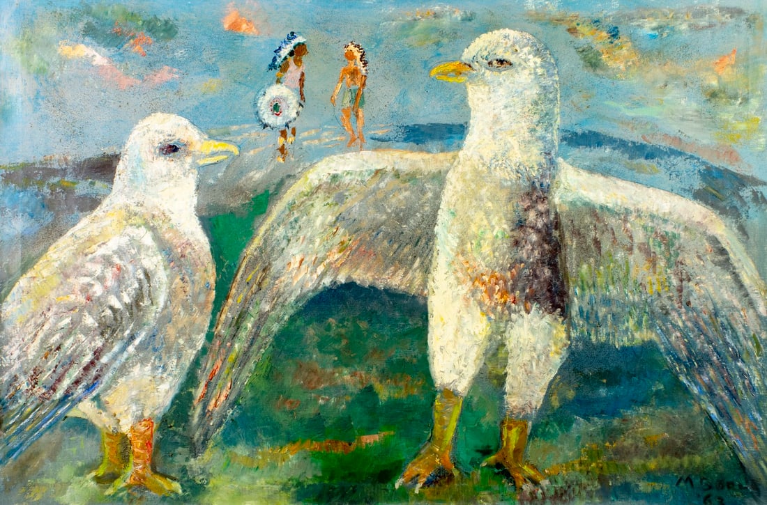 Mortimer Borne (NY,Poland,1902-1987) oil painting: ARTIST: Mortimer Borne (New York, Polish, 1902 - 1987) TITLE: The Eagle Dance YEAR: 1963 MEDIUM: oil on canvas CONDITION: Minor scratches/paint losses. S