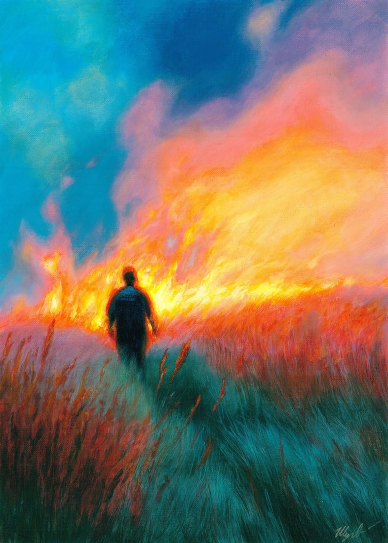 Anastasia Shugaeva (Ukraine,20/21C) oil painting: ARTIST: Anastasia Shugaeva (Ukraine, 20/21 centuries) TITLE: Man Walking Toward Fire MEDIUM: oil on heavy paper CONDITION: Very good. No visible inpaint under UV light. <