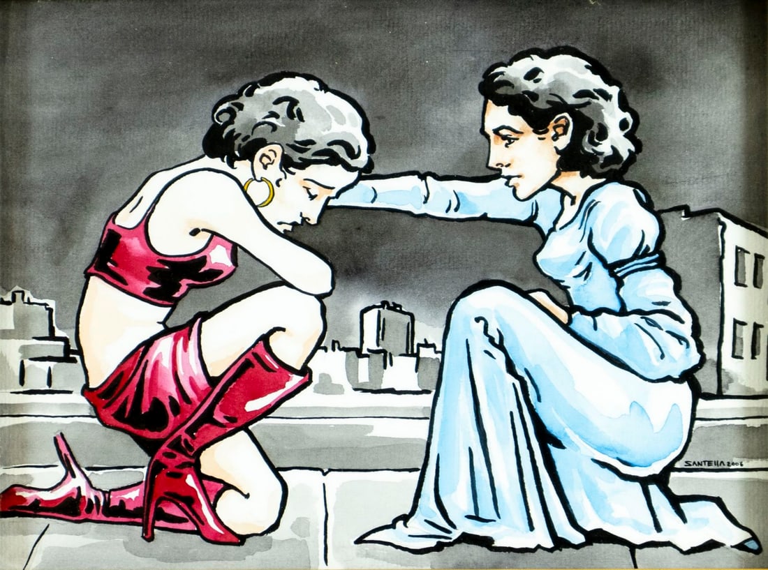 A Santella (US,20/21C) watercolor painting: ARTIST: A Santella (American, 20/21 centuries) TITLE: Two Women YEAR: 2006 MEDIUM: watercolor on paper CONDITION: Very good. Framed under glass. Wear to
