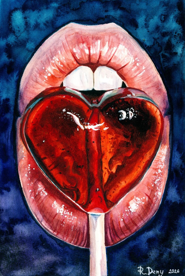 Roxana Denisenko (Ukraine,20/21C) watercolor painting: ARTIST: Roxana Denisenko (Ukraine, 20/21 centuries) TITLE: Lips with Heart Lollipop MEDIUM: watercolor on heavy paper CONDITION: Very good. ART SIZE: 12