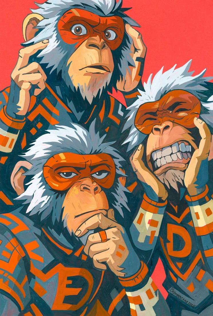 Anastasia Chernyavska (Ukraine,20/21C) gouache painting: ARTIST: Anastasia Chernyavska (Ukrainian, 20/21 centuries) TITLE: Three Monkeys MEDIUM: gouache on heavy paper CONDITION: Very good. ART SIZE: 17 x 12 in
