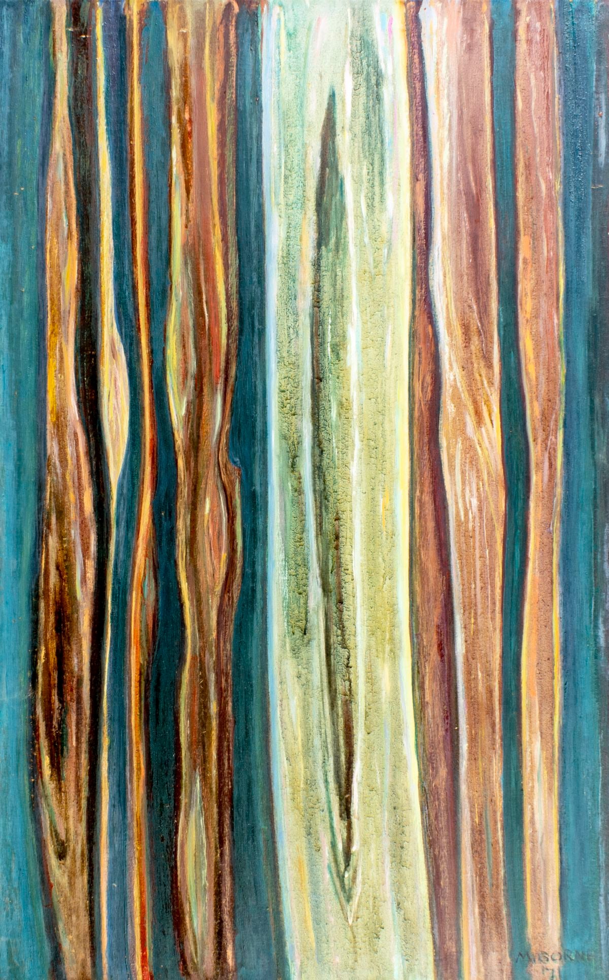 Mortimer Borne (NY,Poland,1902-1987) oil painting: ARTIST: Mortimer Borne (New York, Polish, 1902 - 1987) TITLE: Vertical Landscape YEAR: 1971 MEDIUM: oil on canvas CONDITION: Some small scratches/paint l