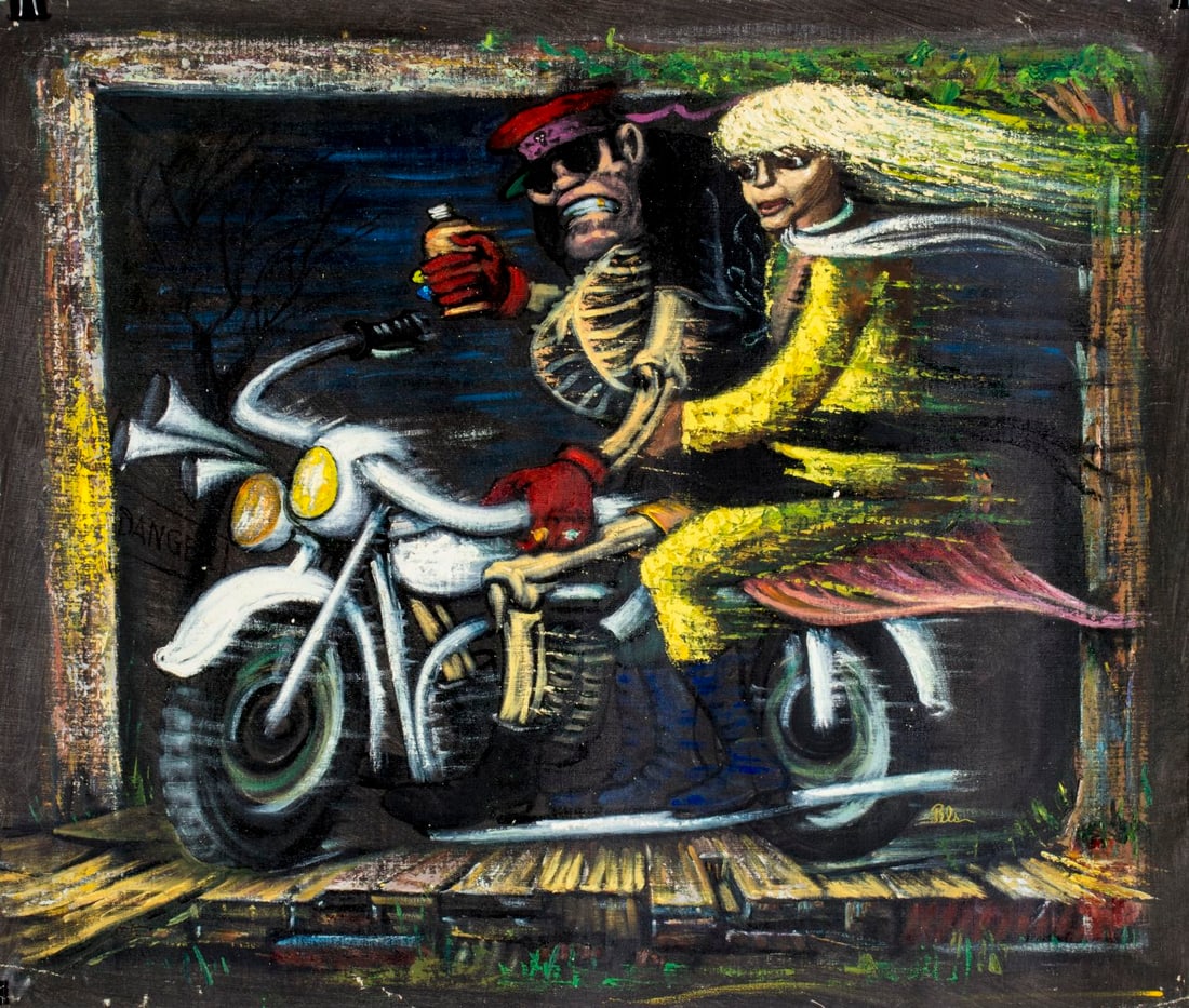 Albert Pels (NY,OH,1910-1998) oil painting: ARTIST: Albert Pels (New York, Ohio, 1910 - 1998) NAME: Death on a White Bike on the Way to Hell (titled on verso) MEDIUM: oil on canvas CONDITION: Unstretched (In-House stretching available