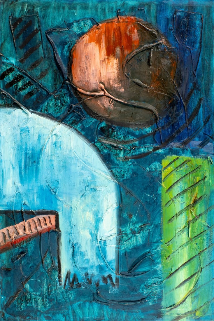 Pios Rodaman (FL,Brazil,b 1953) oil painting: ARTIST: Pios Rodaman (Florida, Brazilian, born 1953) TITLE: Abstract Composition MEDIUM: oil on canvas CONDITION: Some small scratches/paint losses. No visible inpaint under
