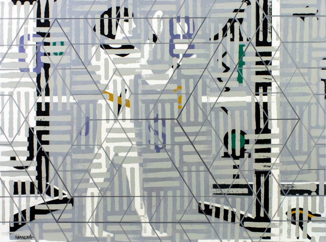 James Massena (OH,1953-2021) acrylic painting: ARTIST: James Massena March (Ohio, 1953 - 2021) TITLE: Abstract Composition MEDIUM: acrylic on canvas CONDITION: Few small faint scratches. Some craquelure. No visible inpai