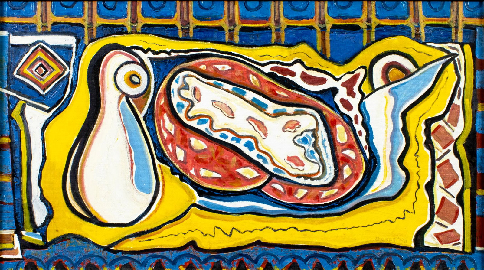 Mortimer Borne (NY,Poland,1902-1987) oil painting: ARTIST: Mortimer Borne (New York, Polish, 1902 - 1987) TITLE: Abstract Composition - Adagio 2 YEAR: 1980 MEDIUM: oil on canvas CONDITION: Few minor paint