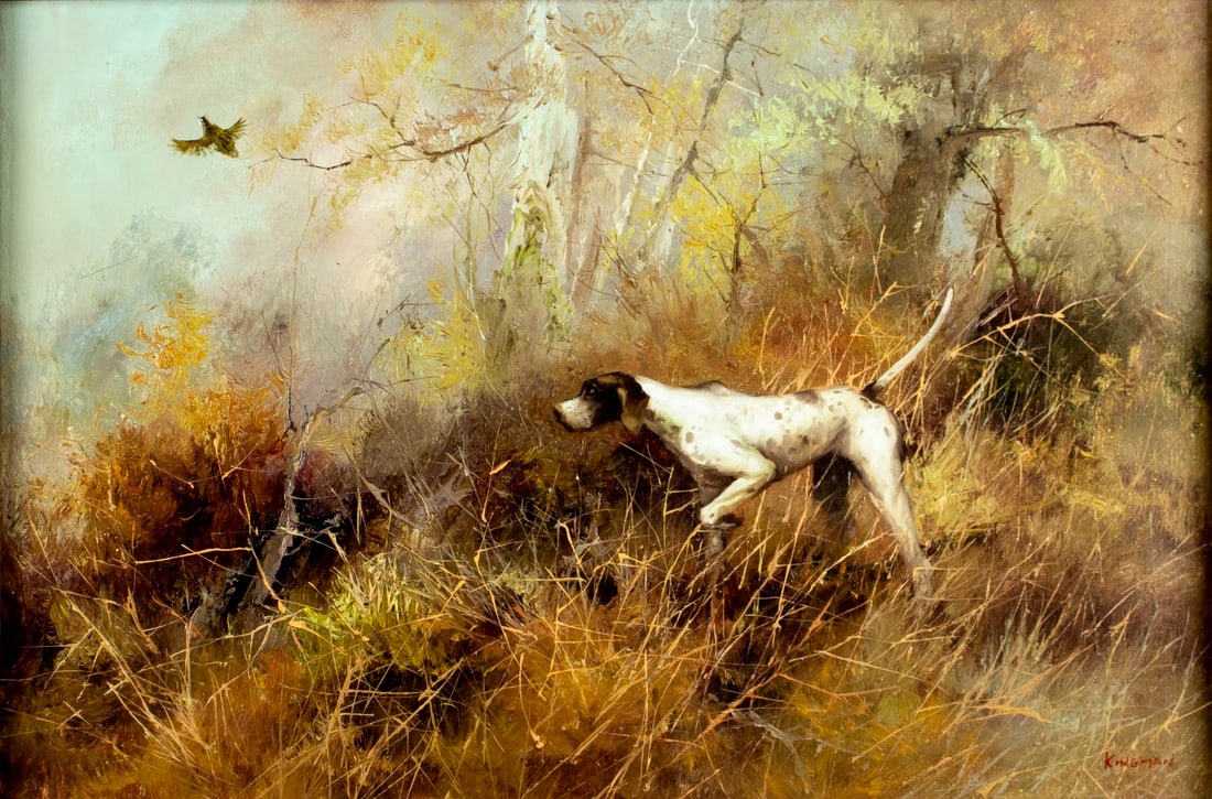 Eugene Kingman (OK,RI,1909-1975) oil painting: ARTIST: Eugene Kingman (Oklahoma, Rhode Island, 1909 - 1975) TITLE: Pointer Dog MEDIUM: oil on canvas CONDITION: One small patch. Few minor paint losses. No visible inpaint
