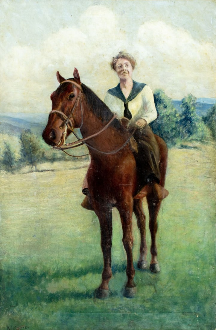 W H Cheney (US,early 20C) oil painting antique: ARTIST: W H Cheney (American, early 20 century) TITLE: Woman on Horseback MEDIUM: oil on canvas CONDITION: Some patches. Some scratches/paint losses. Some craquelure. Some s