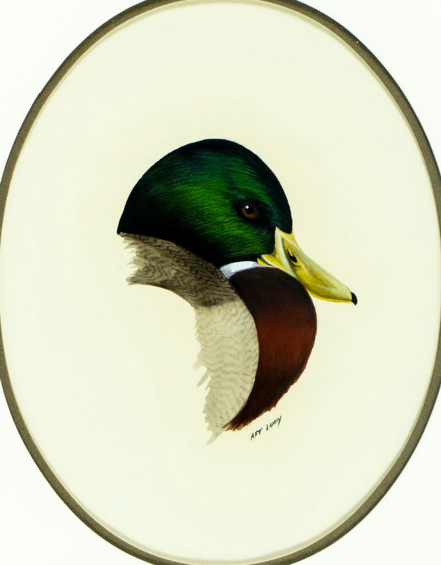 Art LaMay (FL,PA,1938-?) gouache painting: ARTIST: Art LaMay (Florida, Pennsylvania, 1938 - ???) TITLE: Duck MEDIUM: gouache on paper CONDITION: Minor age toning. Framed under glass. Wear to frame. ART S