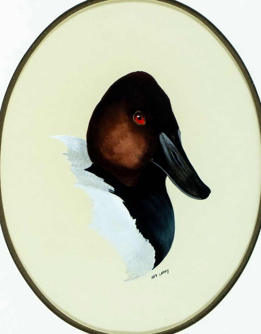 Art LaMay (FL,PA,1938-?) gouache painting: ARTIST: Art LaMay (Florida, Pennsylvania, 1938 - ???) TITLE: Duck MEDIUM: gouache on paper CONDITION: Minor age toning. Framed under glass. Minor damages to frame.