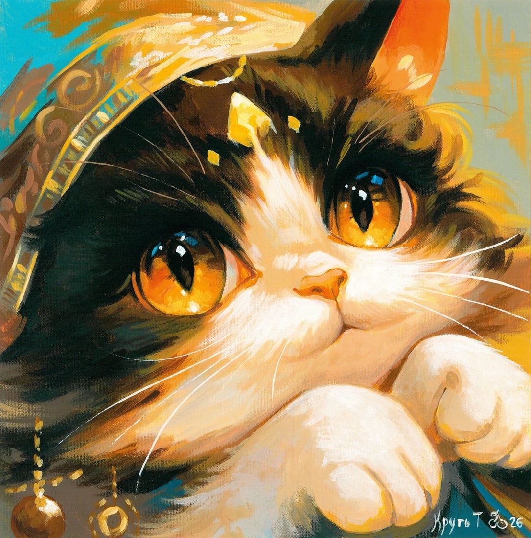 Tatiana Krut (Ukraine,20/21C) acrylic painting: ARTIST: Tatiana Krut (Ukrainian, 20/21 centuries) TITLE: Cat with Hat MEDIUM: acrylic on heavy paper CONDITION: Very good. ART SIZE: 10 x 10 inches / 25