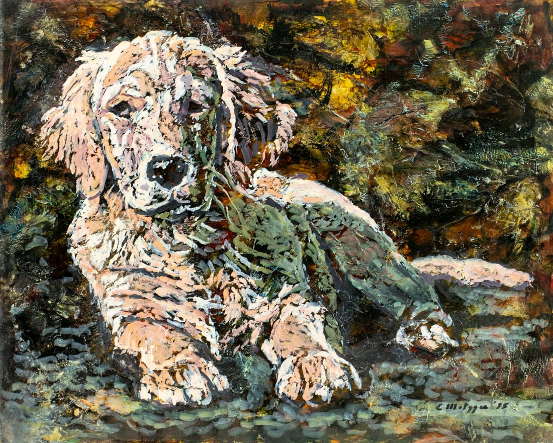 Evelyn Metzger (NY,Brazil,1911-2007) oil painting: ARTIST: Evelyn Borchard Metzger (New York, Brazilian, 1911 - 2007) TITLE: Retriever Dog (titled on verso) YEAR: 1995 MEDIUM: oil on board CONDITION: Mino