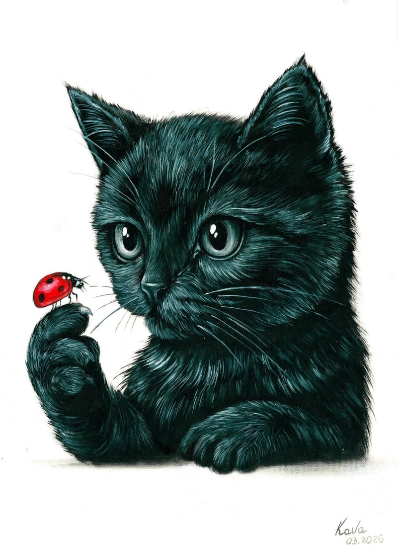 Valeria Kaydan (Ukraine,20/21C) oil painting: ARTIST: Valeria Kaydan (Ukraine, 20/21 centuries) TITLE: Cat with Ladybug MEDIUM: oil on heavy paper CONDITION: Very good. No visible inpaint under UV light. ART