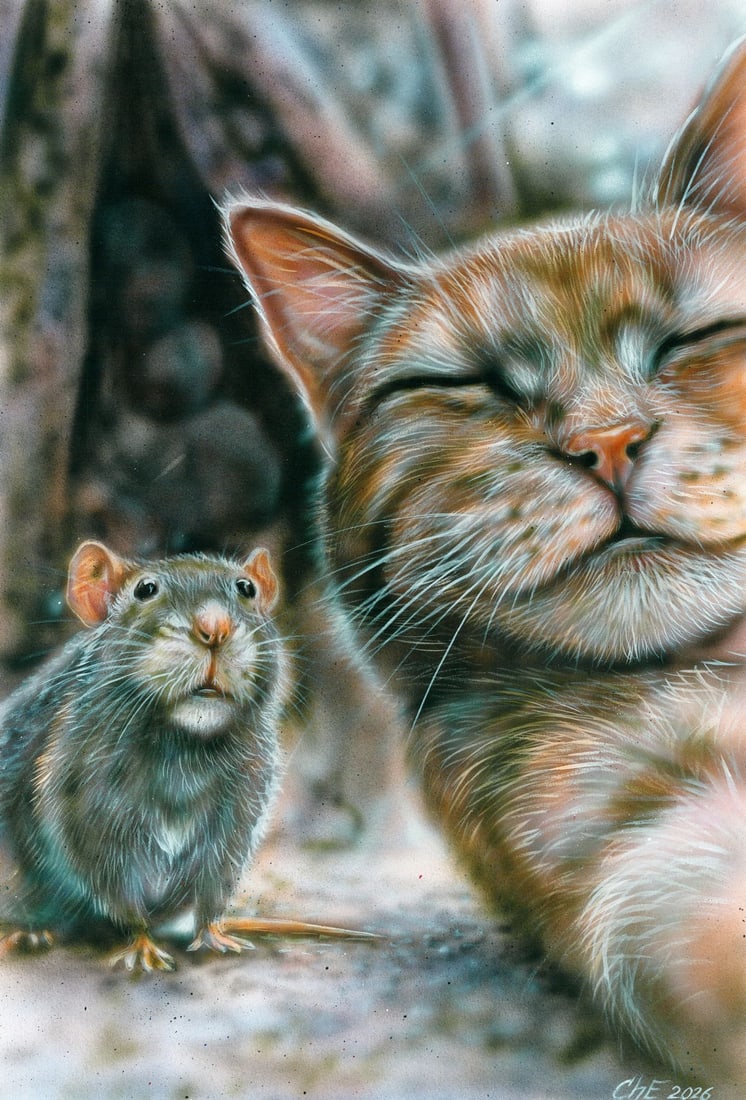 Evgeniy Chunikhin (Ukraine,b 1976) acrylic painting: ARTIST: Evgeniy Chunikhin (Ukraine, born 1976) TITLE: Cat and Mouse MEDIUM: acrylic on heavy paper CONDITION: Very good. ART SIZE: 17 x 12 inches / 43 x