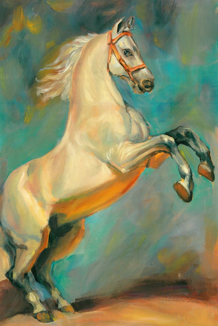 Victoria Gavrilyuk (Ukraine,20/21C) oil painting: ARTIST: Victoria Gavrilyuk (Ukraine, 20/21 centuries) TITLE: Rearing White Horse MEDIUM: oil on heavy paper CONDITION: Very good. No visible inpaint under UV light.