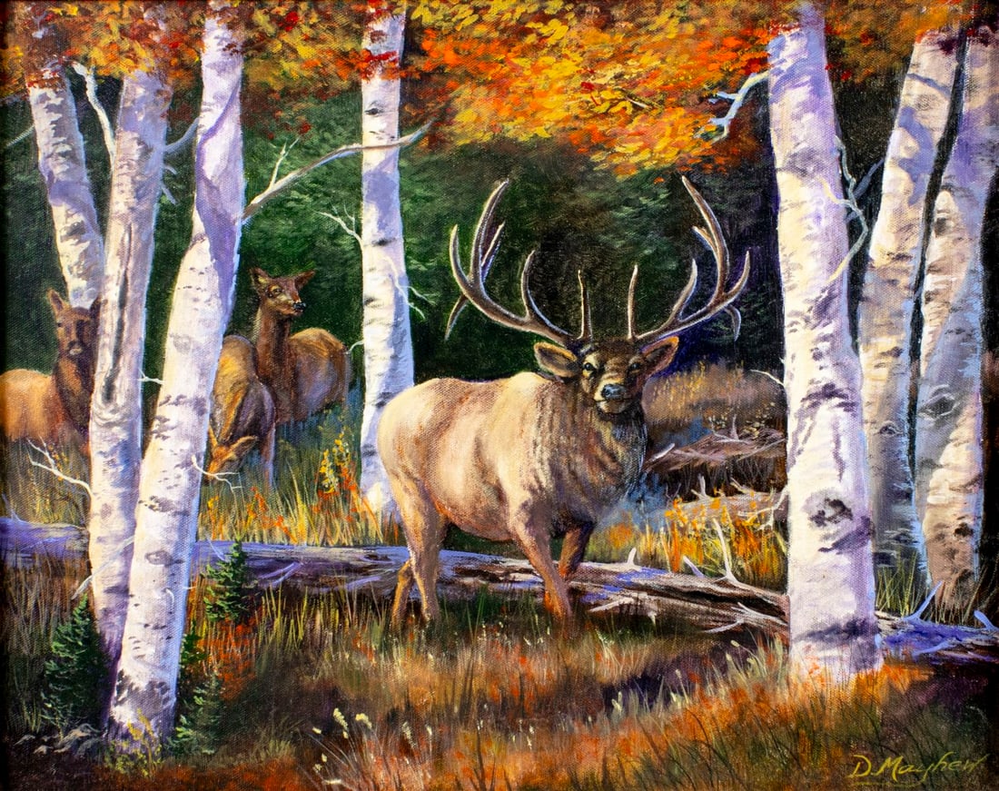 Dona Mayhew (OR,20/21C) oil painting: ARTIST: Dona Mayhew (Oregon, 20/21 centuries) TITLE: Forest Landscape with Elk MEDIUM: oil on canvas CONDITION: Very good. No visible inpaint under UV light. ART