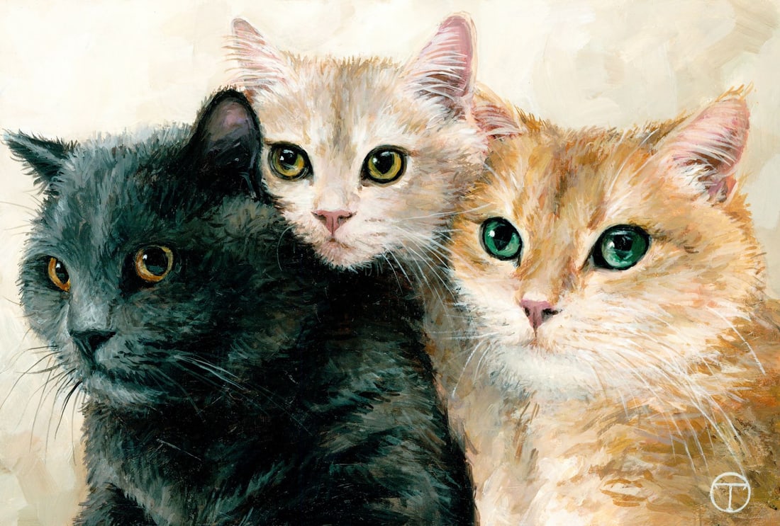 Olia Tomkova (Ukraine,20/21C) acrylic painting: ARTIST: Olia Tomkova (Ukrainian, 20/21 centuries) TITLE: Three Cats MEDIUM: acrylic on board CONDITION: Very good. ART SIZE: 8 x 12 inches / 20 x 30 cm