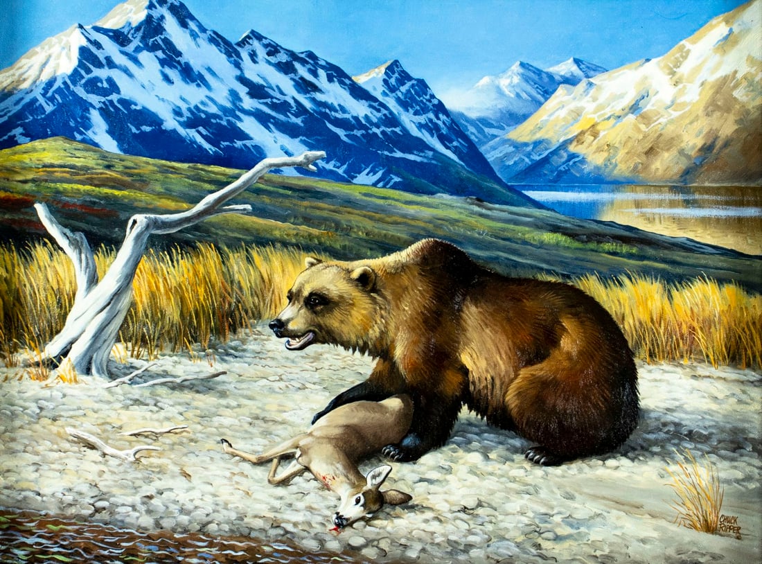 Chuck Ripper (WV,PA,1929-2019) oil painting: ARTIST: Chuck Ripper (West Virginia, Pennsylvania, 1929 - 2019) TITLE: Grizzly Bear MEDIUM: oil on canvas CONDITION: Very good. No visible inpaint under UV light. Wear to