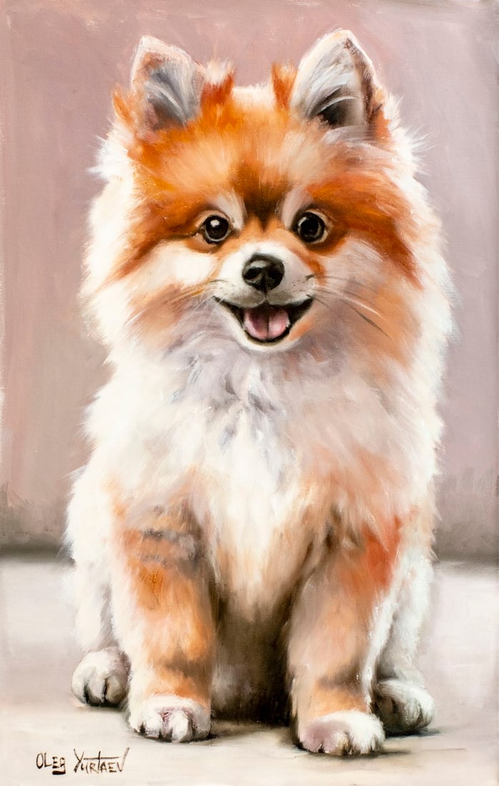 Oleg Yurtaev (Russia,b 1981) oil painting: ARTIST: Oleg Yurtaev (Russian, born 1981) TITLE: Pomeranian Spitz Dog - I am Always Glad to See You (titled on verso) MEDIUM: oil on canvas CONDITION: Unstretched (In-House