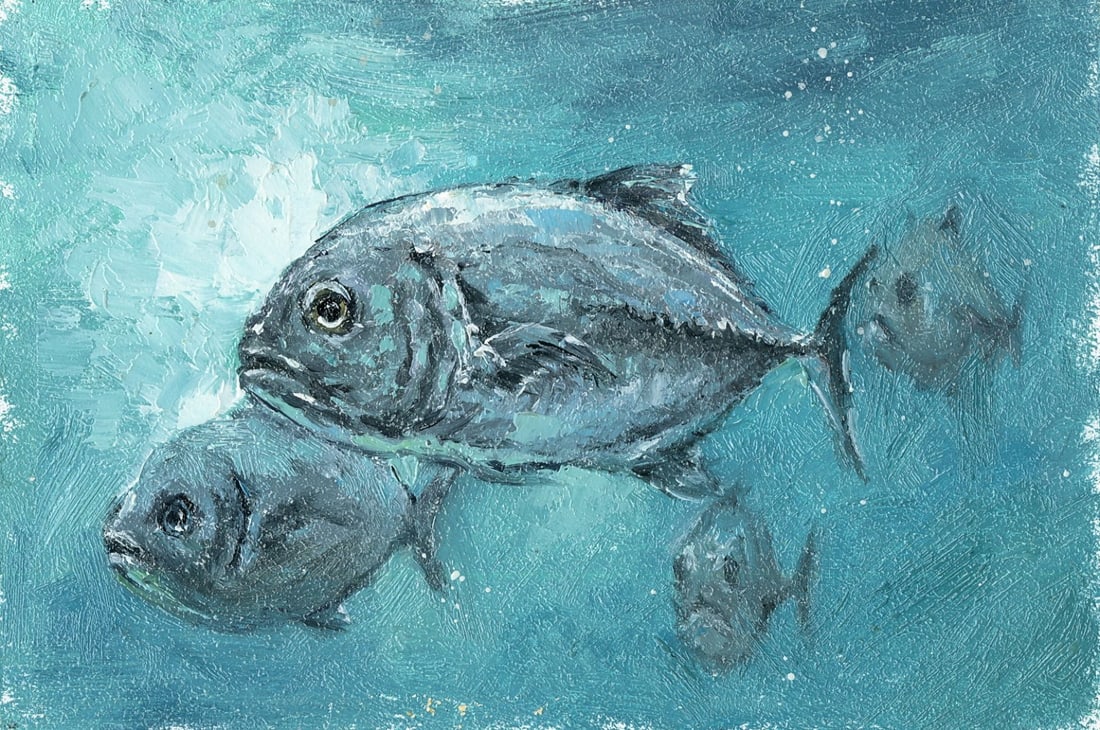 Gennady Mysan (Ukraine,b 1977) oil painting: ARTIST: Gennady Dmitrievich Mysan (Ukraine, born 1977) TITLE: Fish Swimming Underwater MEDIUM: oil on board CONDITION: Very good. No visible inpaint under UV light.