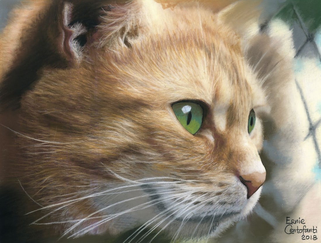 Ernie Centofanti (CA,b 1956) pastel painting: ARTIST: Ernie Centofanti (California, born 1956) TITLE: Orange Tabby Cat YEAR: 2018 MEDIUM: pastel on paper CONDITION: Few minor paint losses.