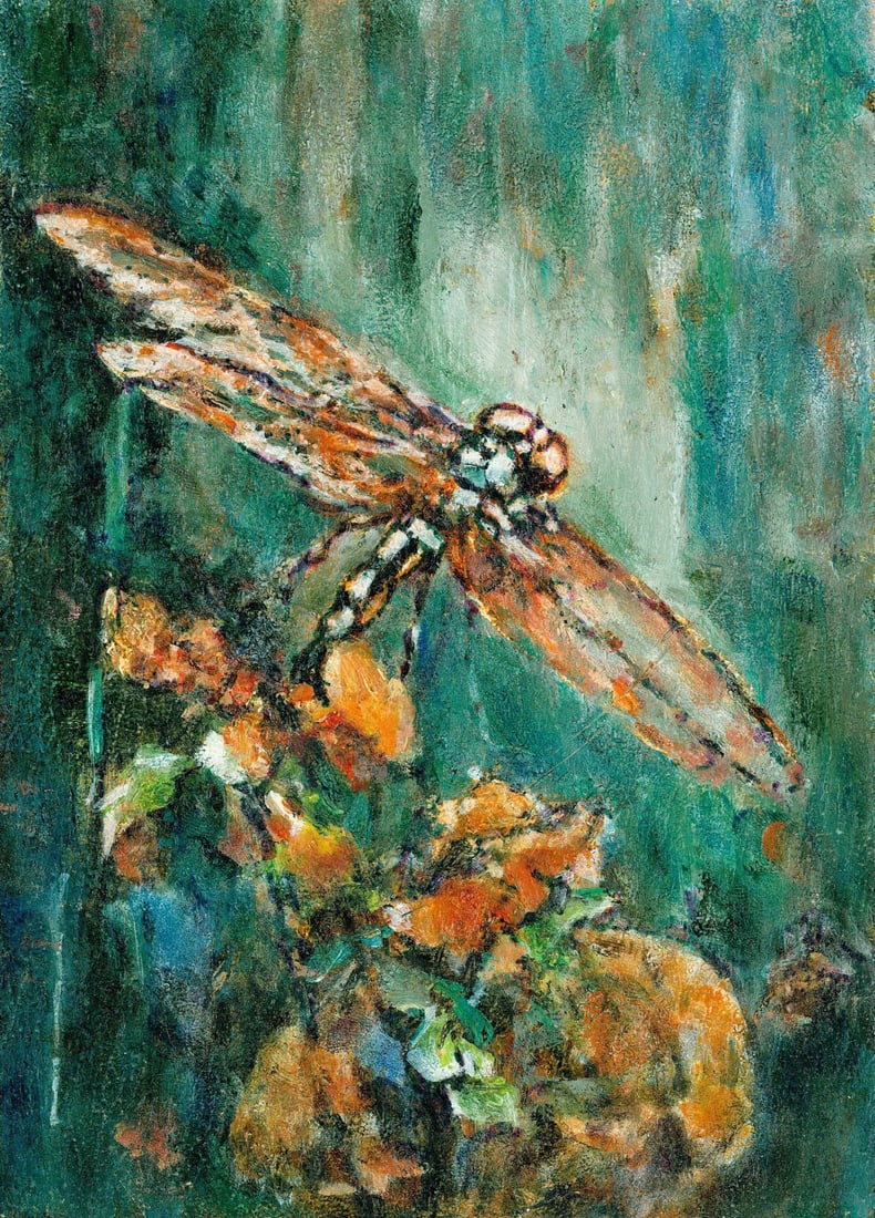 Vyacheslav Evsikov (Ukraine,b 1957) oil painting: ARTIST: Vyacheslav Sergeyevich Evsikov (Ukraine, born 1957) TITLE: Dragonfly MEDIUM: oil on board CONDITION: Very good. No visible inpaint under UV light. ART SIZ
