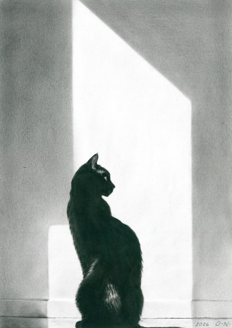 Olga Novostavskaya (Ukraine,b 1967) dry brush oil painting: ARTIST: Olga Novostavskaya (Ukrainian, born 1967) TITLE: Black Cat MEDIUM: dry brush oil on paper CONDITION: Very good. ART SIZE: 12 x 8 inches / 30 x 20