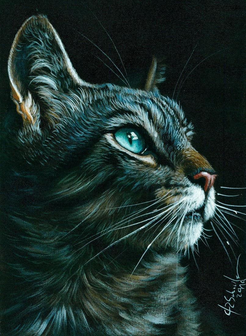 Christina Schulte (German,20/21C) oil painting: ARTIST: Christina Schulte (Germany, 20/21 centuries) TITLE: Tabby Cat YEAR: 2019 MEDIUM: oil on canvas. Canvas applied to board. CONDITION: Very good. No
