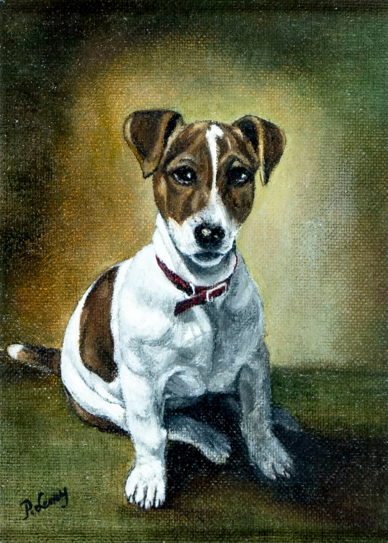Patricia Levey (FL,20/21C) oil painting: ARTIST: Patricia Levey (Florida, 20/21 centuries) TITLE: Jack Russell Dog - Reggie (titled on verso) YEAR: 1989 MEDIUM: oil on canvas board CONDITION: Ve