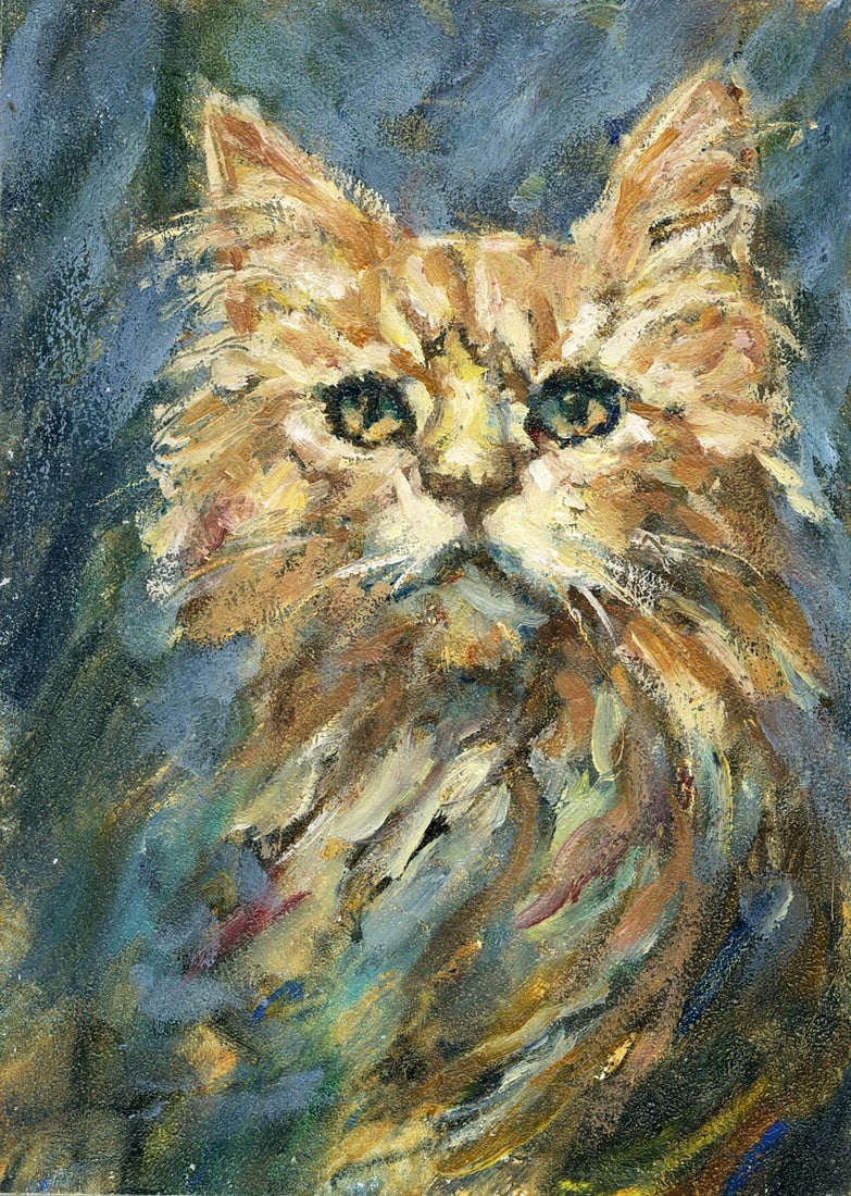 Vyacheslav Evsikov (Ukraine,b 1957) oil painting: ARTIST: Vyacheslav Sergeyevich Evsikov (Ukraine, born 1957) TITLE: Orange Cat MEDIUM: oil on board CONDITION: Very good. No visible inpaint under UV light. ART SI