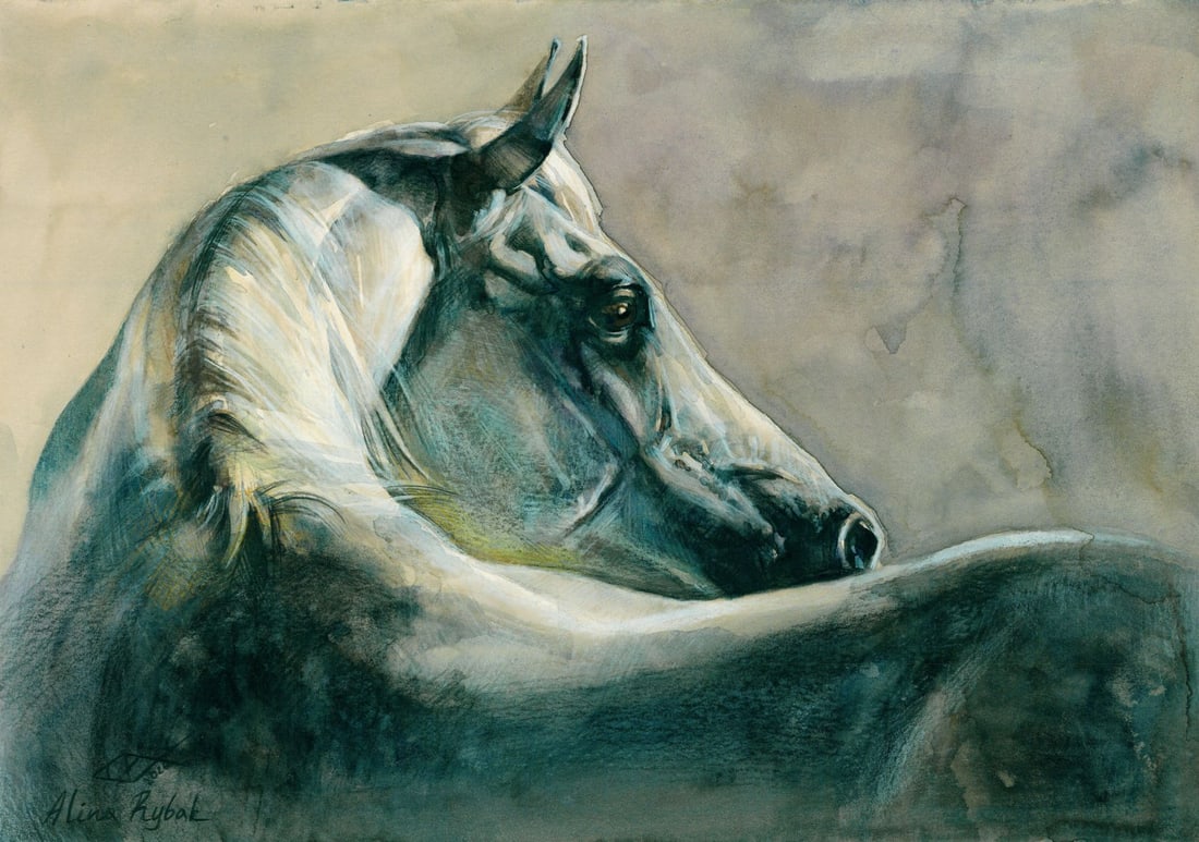 Alina Rybak (Ukraine,b 1996) watercolor painting: ARTIST: Alina Rybak (Ukrainian, born 1996) TITLE: Grey Horse MEDIUM: watercolor on heavy paper CONDITION: Very good. ART SIZE: 12 x 17 inches / 30 x 43 c
