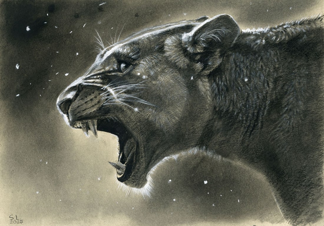 Lyudmila Siabro (Ukraine,20/21C) pastel painting: ARTIST: Lyudmila Siabro (Ukrainian, 20/21 centuries) TITLE: Roaring Lion MEDIUM: pastel on heavy paper CONDITION: Very good. ART SIZE: 12 x 17 inches / 3