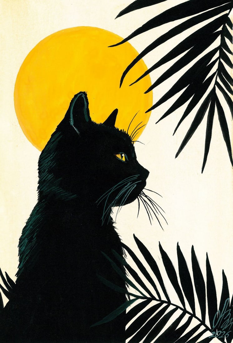 Viktor Lehkodukh (Ukraine,20/21C) gouache painting: ARTIST: Viktor Lehkodukh (Ukrainian, 20/21 centuries) TITLE: Black Cat with Palm Leaves MEDIUM: gouache on heavy paper CONDITION: Very good. ART SIZE: 8