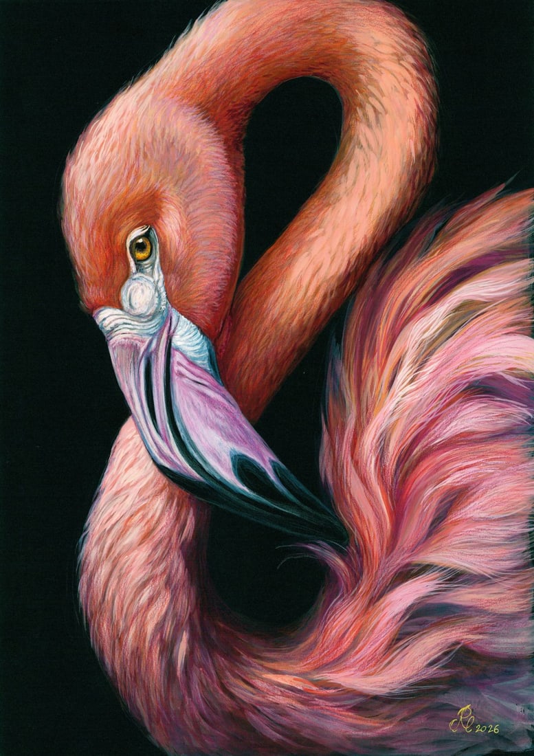 Lyudmila Rudenko (Ukraine,20/21C) mixed media painting: ARTIST: Lyudmila Rudenko (Ukrainian, 20/21 centuries) TITLE: Flamingo Bird MEDIUM: mixed media on heavy paper CONDITION: Very good. ART SIZE: 17 x 12 inc