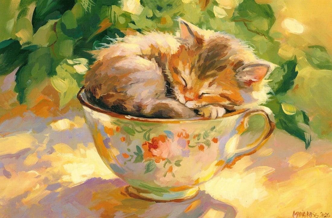 Maria Kasatkina (Ukraine,b 2003) oil painting: ARTIST: Maria Kasatkina (Ukraine, born 2003) TITLE: Sleeping Cat in Teacup MEDIUM: oil on heavy paper CONDITION: Very good. No visible inpaint under UV light. ART