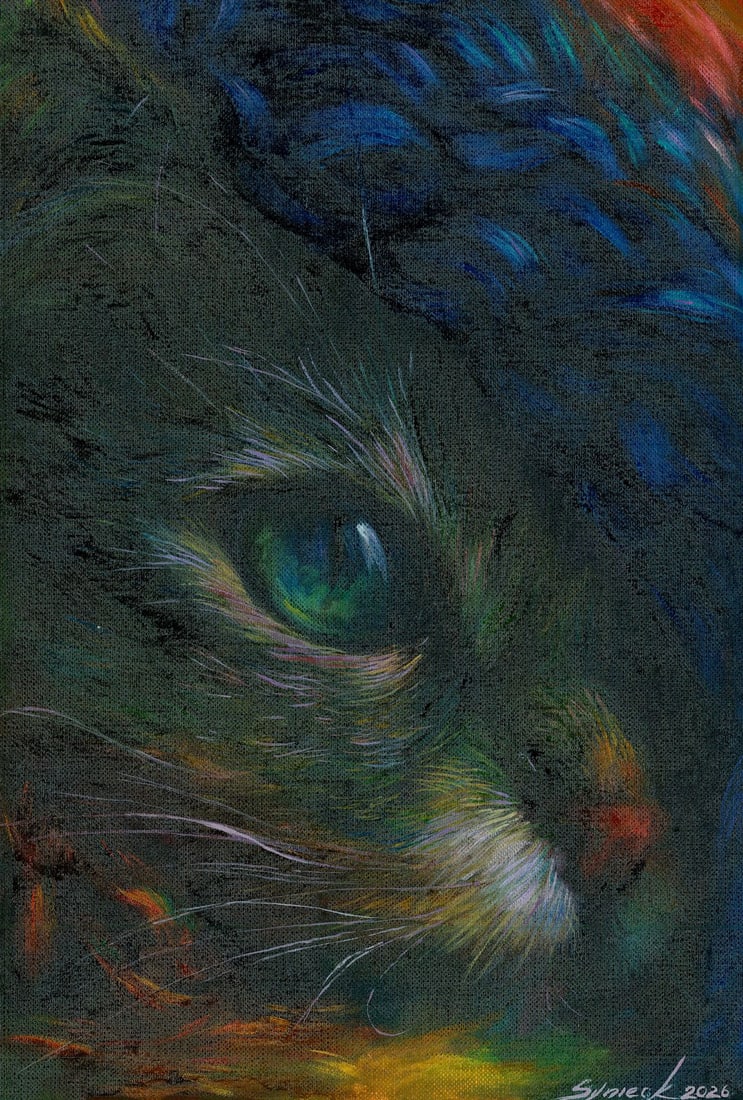 Tatiana Synieok (Ukraine,20/21C) oil painting: ARTIST: Tatiana Synieok (Ukrainian, 20/21 centuries) TITLE: Cat MEDIUM: oil on heavy paper CONDITION: Very good. No visible inpaint under UV light. ART SIZE: