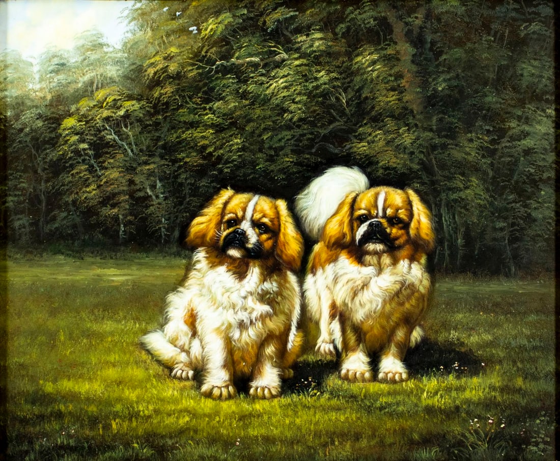 Vintage 20C American oil painting: ARTIST: - (American, 20 century) TITLE: Pekingese Dogs MEDIUM: oil on canvas CONDITION: Overall good. No visible inpaint under UV light. Wear to frame. ART SIZE