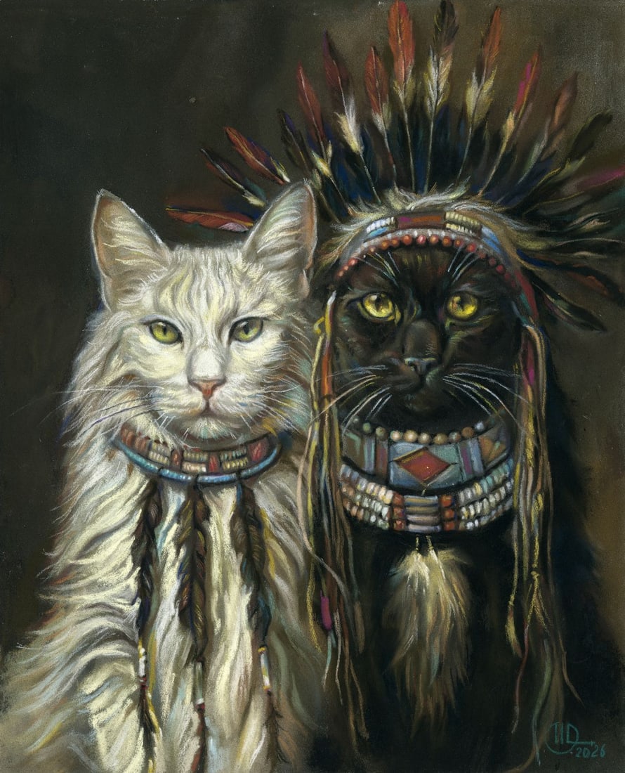Olena Horbenko (Ukraine,20/21C) pastel painting: ARTIST: Olena Horbenko (Ukrainian, 20/21 centuries) TITLE: Two Cats MEDIUM: pastel on heavy paper CONDITION: Very good. ART SIZE: 12 x 9 inches / 30 x 23