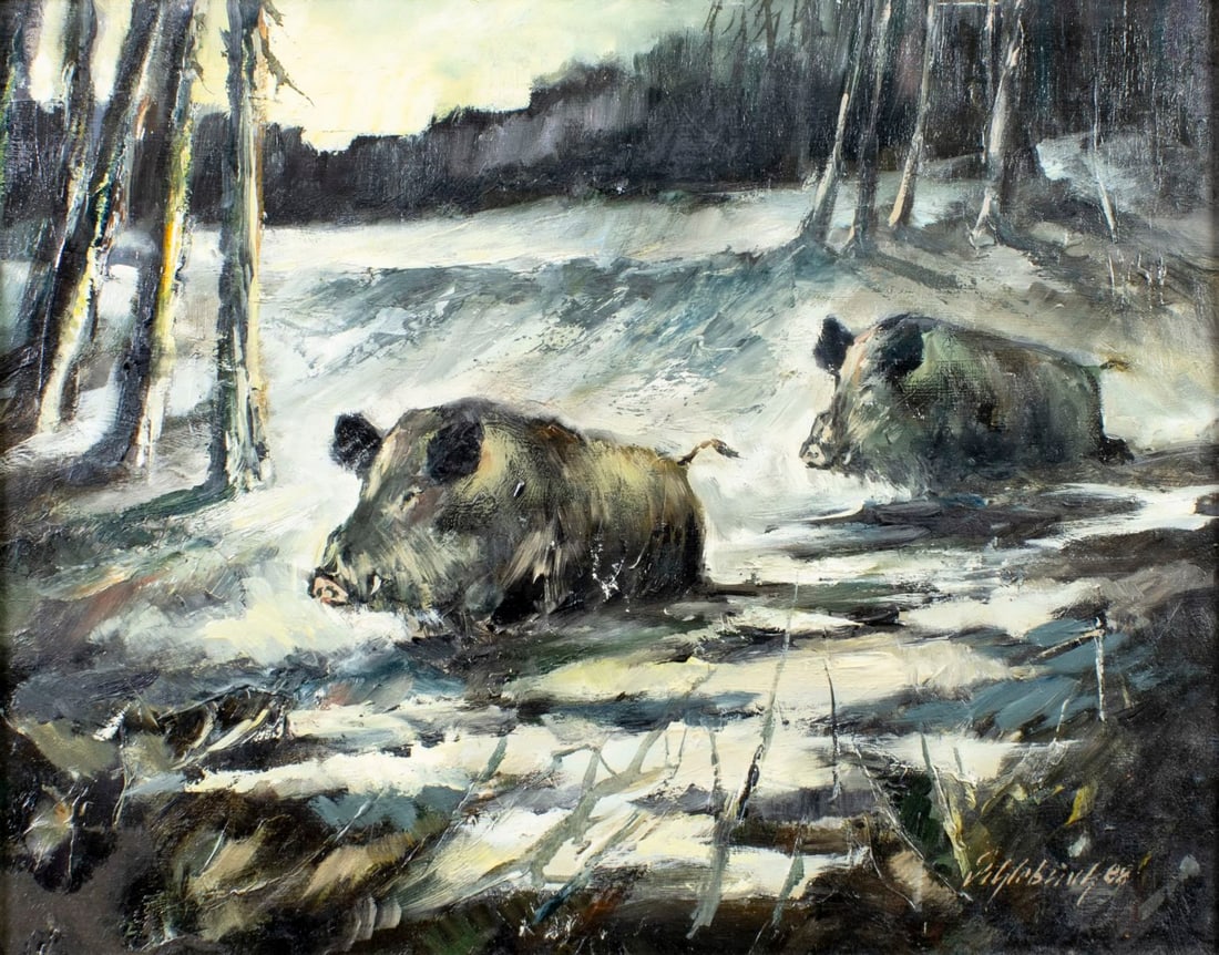 Karl Heinz Schlebusch (German,1932-?) oil painting: ARTIST: Karl Heinz Schlebusch (Germany, 1932 - ???) TITLE: Wild Boars in Woods YEAR: 1988 MEDIUM: oil on board CONDITION: Overall good. No visible inpain