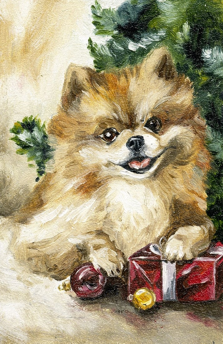 Dasha Serova (Ukraine,20/21C) oil painting: ARTIST: Dasha O Serova (Ukraine, 20/21 centuries) TITLE: Pomeranian Dog with Christmas Gifts MEDIUM: oil on board CONDITION: Very good. No visible inpaint under UV light.